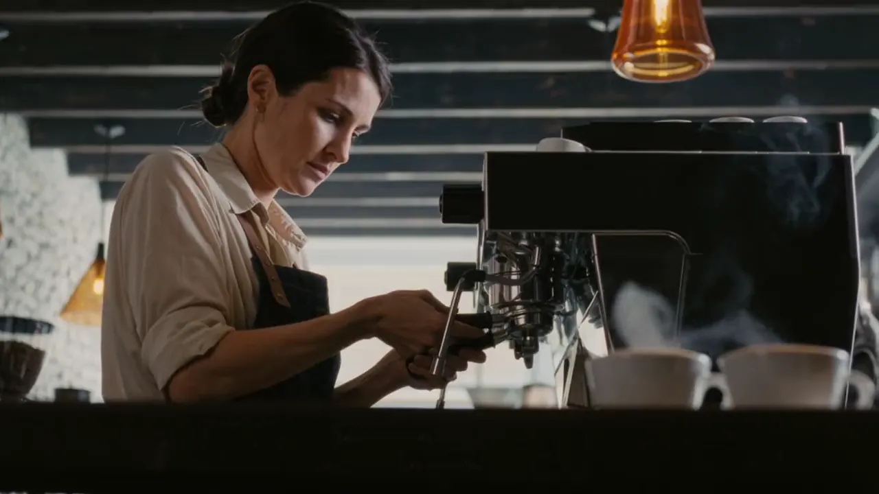 Two cortados waiting on the pass while the barista works.