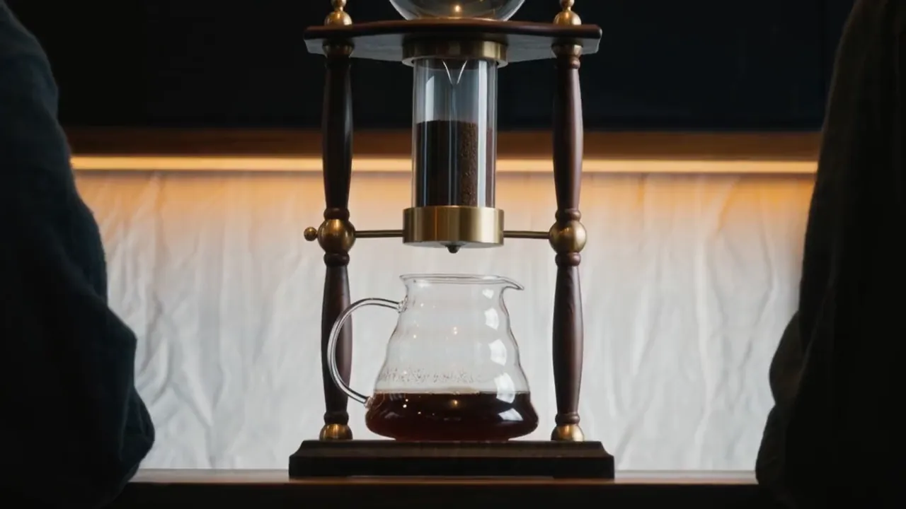 The cold drip tower, coffee collecting in the glass carafe below.